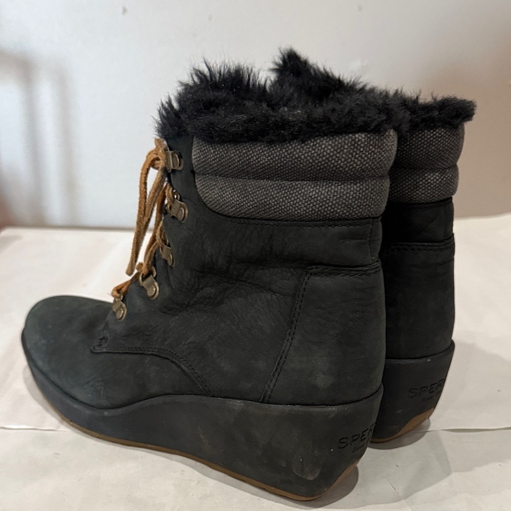 Sperry Black Wedge Boots with Fur Trim - Picture 3 of 5